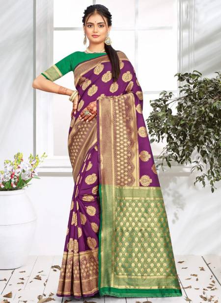 Purple Colour Santraj Flower Booti New Exclusive Wear Fancy Designer Banarsi Silk Saree Collection S-5003